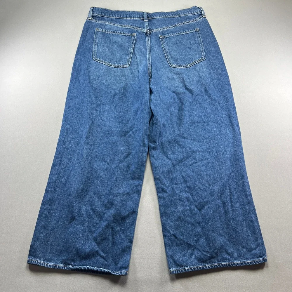 Old Navy Baggy Jeans Women 16 Petite Blue Drapey Denim Cotton Wide Leg High Rise